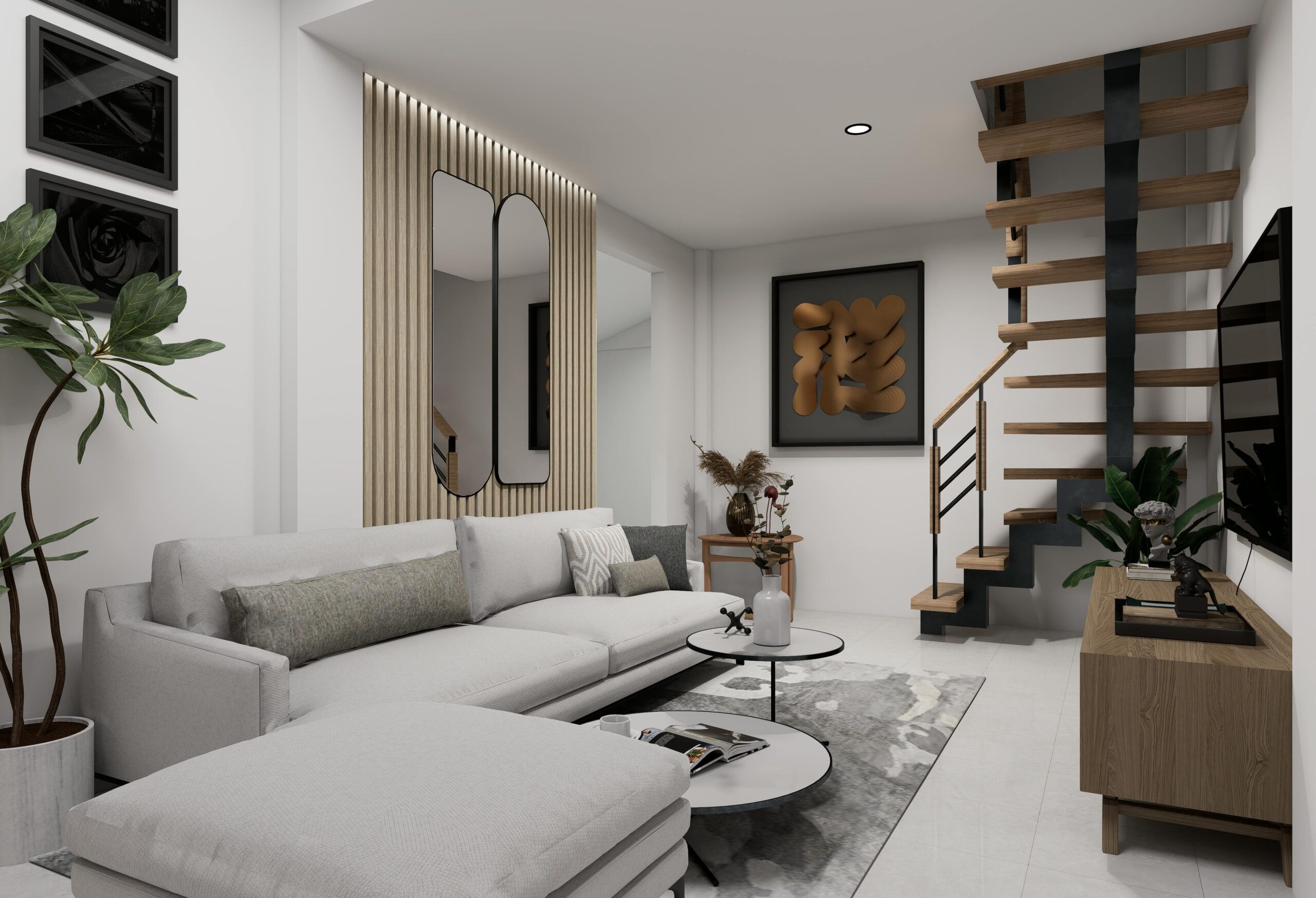 Elegant modern living room featuring minimalist decor, neutral colors, and a wooden spiral staircase.