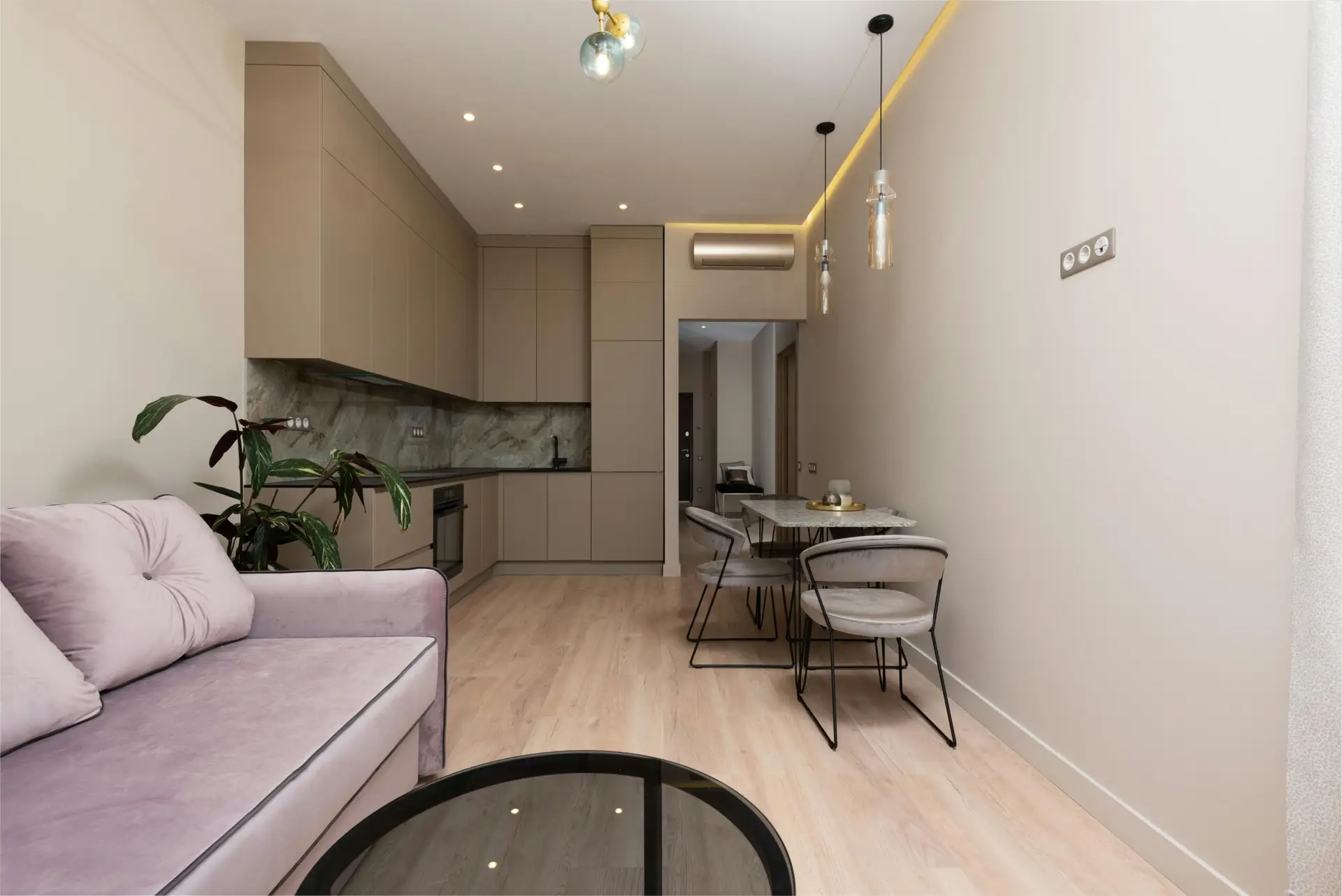 Interior of contemporary home with sofa with pillows next to open kitchen with cupboards near table with chairs near potted plant